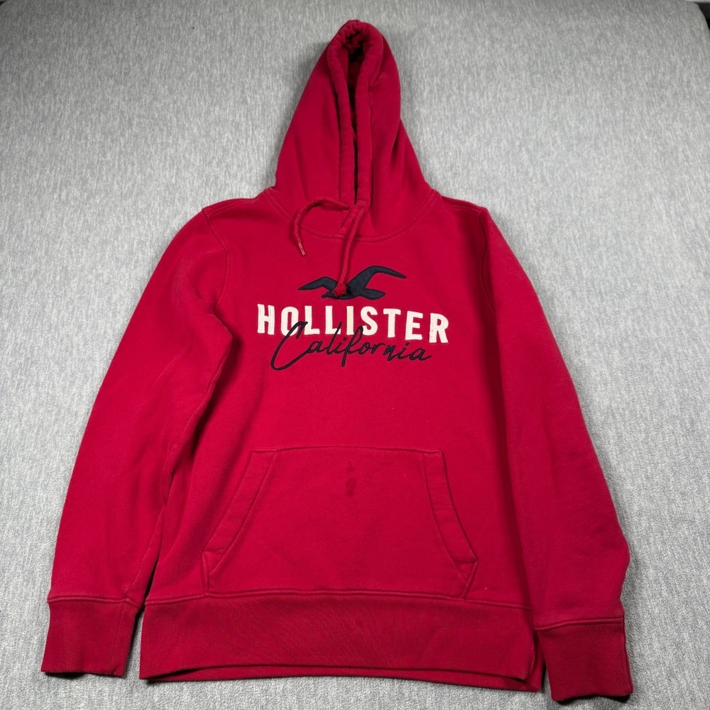 Hollister Hoodie Women XS Red California Embroidered Logo Fleece Pocket Pullover